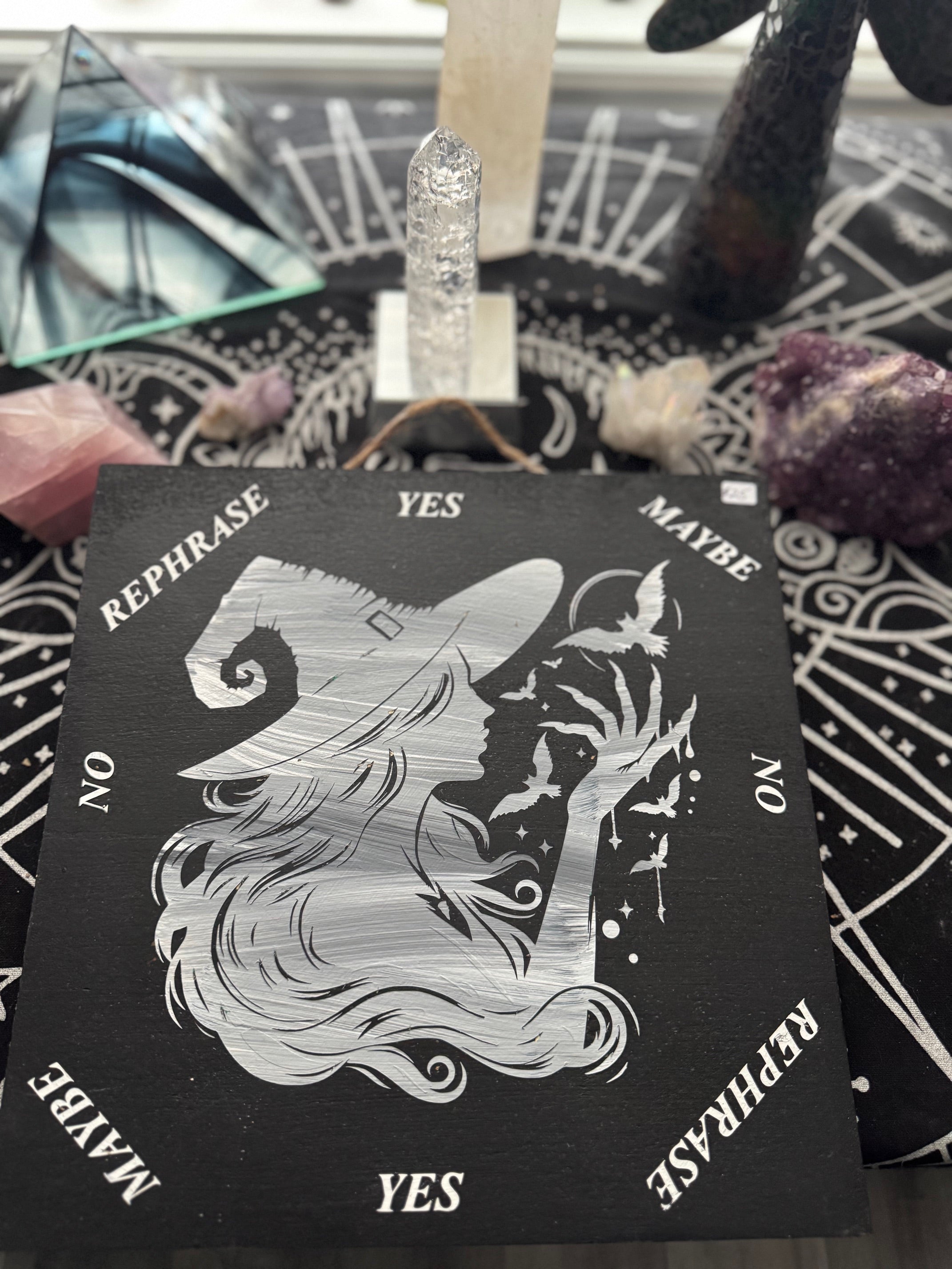 Handcrafted Pendulum Divination Board - WITCH HEAD BW